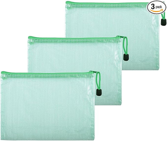 3 Pcs 4.72" x 6.3" A6 Sizes Mesh Zipper Pouch Bags, Mesh Bags with Zipper，Waterproof Clear Document Pouch for Organization Puzzles Travel, Office, Classroom Organization, A6 Green
