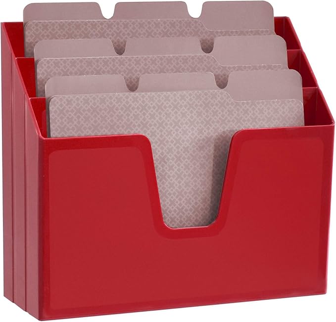 Acrimet Horizontal Triple File Folder Holder Organizer, Open Top Desktop Document Sorter for Letter Size Papers & Folders, Plastic (Solid Red)