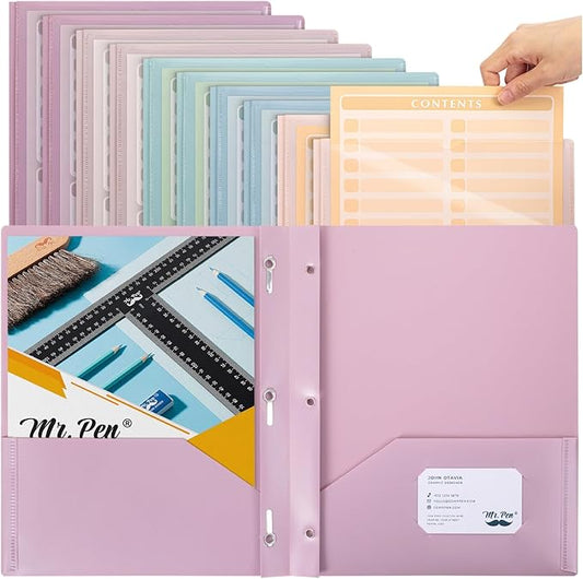 Mr. Pen- Plastic Folders with Pockets and Prongs, 10 Pack, Letter Size, Assorted Pastel Colors, Flexible Plastic Folders with Prongs, Clear Front Pocket, Card Slot & Color-Coded Cover Papers