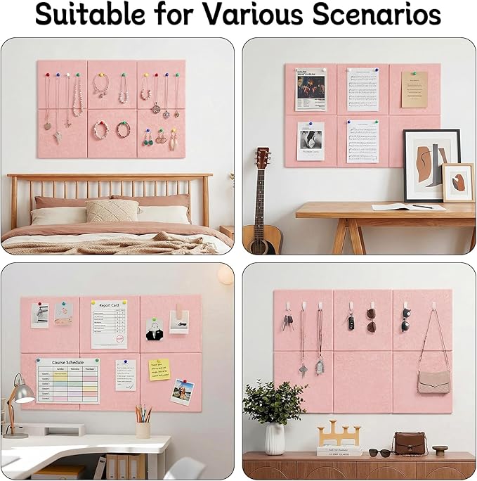 Thboxes Large Cork Board 36" x 24", 6 Pack Felt Wall Tiles with Colored Pushpins, Bulletin Board with 40 Safe Removable Adhesive Tabs, Pin Board Cork Boards for Walls Home Office Decor - Pink