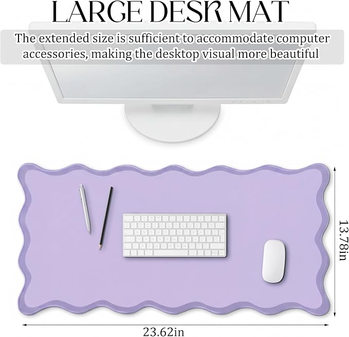 Hahafelt Scalloped Desk Mat Large Desk Pad Cute Coquette Table Mat Back to School Preppy Table Make up Pad Nonslip Graduation Gift with Stitching Waterproof Gaming(Purple,23.6 x 13.8 Inches)