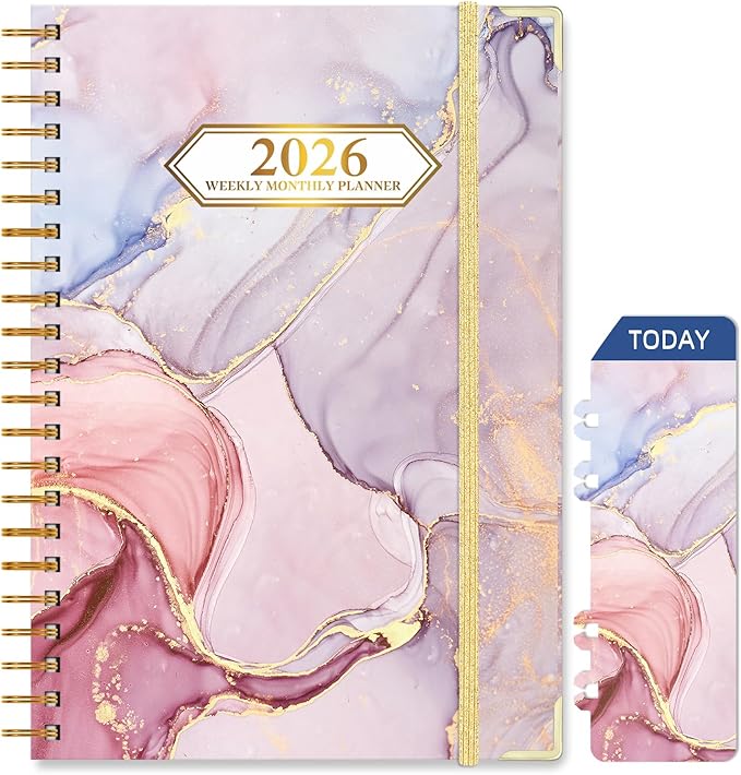 2026 Planner, Jan.2026 - Dec.2026 Weekly Monthly Planner 6.25"x8.5" with Page Tabs, Calendar Hardcover with Inner Pocket, Elastic Band, Twin-Wire Binding, Bookmark, Pink Marble