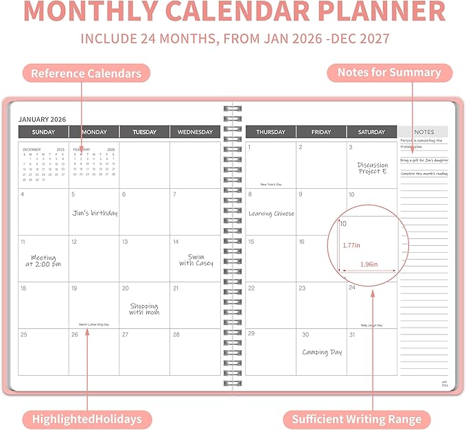Monthly Planner 2026-2027, 2026 Calendar 24 Months Planner, Jan 2026 - Dec 2027, 8.6" x 11", Academic Calendar Hard PVC Cover with Spiral Bound, Perfect for School & Office for Women & Men