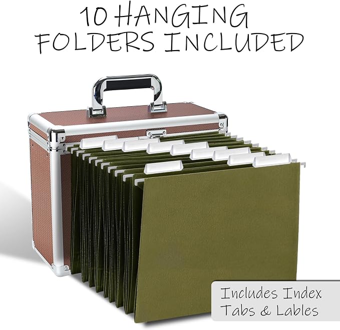 File Storage Cabinet for Letter Size Hanging File Folders, Suspension File Holder, Document Organizer Filing Lockbox in Office and Home with Combination Lock and 10-pack Hanging Files (Coffee, Letter)