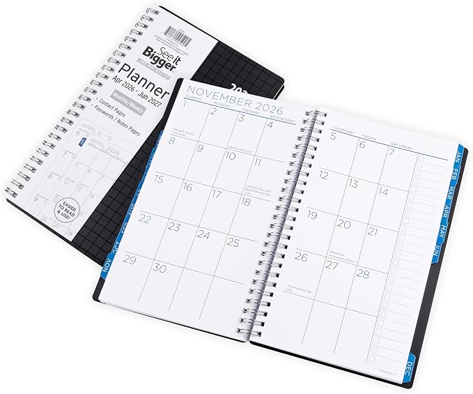 PlanAhead 2026 Planner - 8.75"x5.75" 15 Month Weekly & Monthly Academic Planner Notebook with Tabs - Black Grid Design - Spiral Calendar Agenda for School, Work & Office
