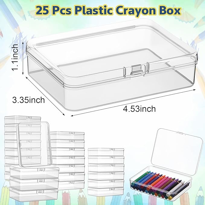 Dunzoom 25 Pcs Plastic Crayon Boxes with Lids, 4.53 x 3.35 x 1.1 Inches Stackable Small Storage Organizer Containers Crayon Pencil Case for Art Crafts Jewelry Beads Office Supplies(Clear)