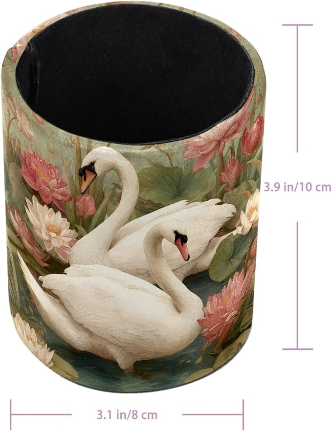 White Swan and Vintage Flowers Leather Pen Holder for Desk, Multifunctional Desktop Organizer Pencil Cup, Desktop Caddy Stationery Organizer for School Home Office Desk Accessories