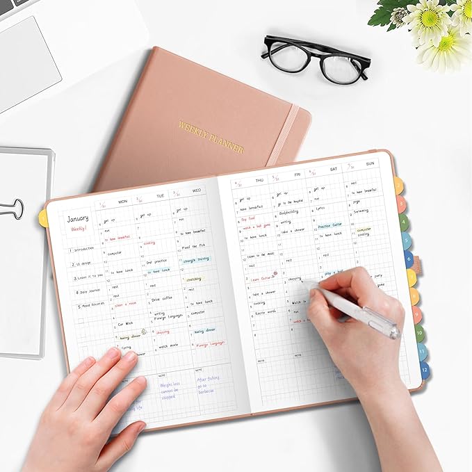 Undated Appointment Book, Hourly, Daily, 52 Weekly & 12 Monthly Planner, 6 AM - 8 PM, Medium Size (5.7" x 8.3"), Leather Hardcover, 12 Self-adhesive Monthly Tabs (Pink)