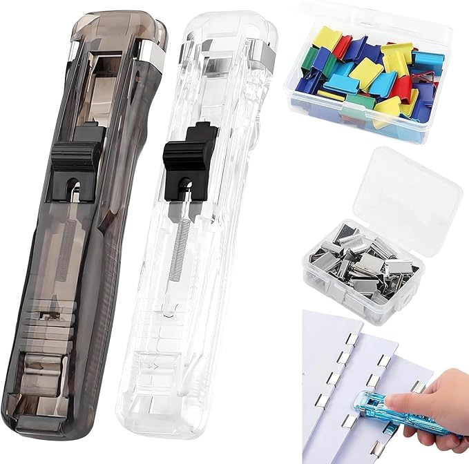 Reusable Desktop Stapler with Clip Dispenser, Refillable Office Stapler Set with 100pcs Reusable Refill Clips, Portable Desktop Push Staplers Binder Clips Paper Clamps (Black+White)