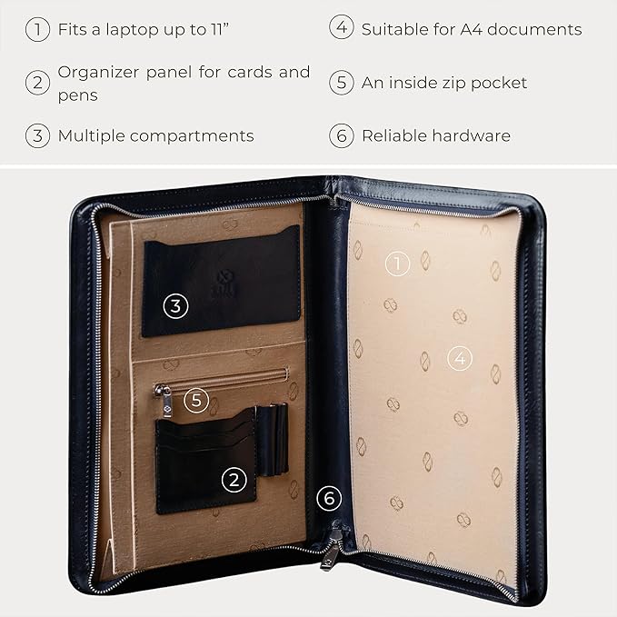 Time Resistance Leather Portfolio - A4 Document Folder - Italian Handcrafted Padfolio Organizer (Blue) - Gift Box Included