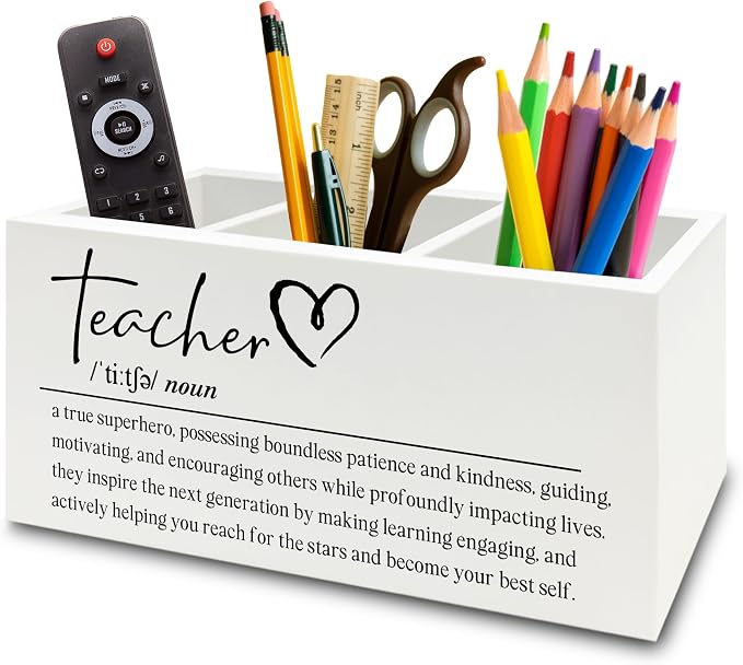 Teacher Pen Pencil Holder Organizer for Desk, Teacher Appreciation Gifts, End of the Year Teachers Gifts for Women Men Wooden Box Sign for Office Workplace Classroom Desk Tabletop Decorations