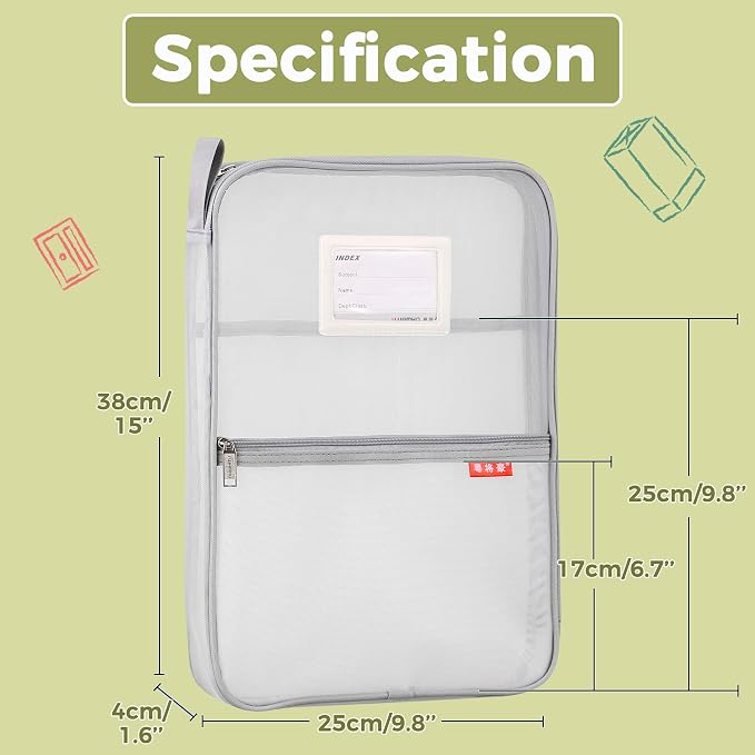 Pendancy Mesh Zipper Pouch 14.8x10.8 in Transparent Lightweight Nylon File Folders, A4 Size Multi-layer Subject Document Organizer Accessories Storage bag for Office and School Supplies(Gray)