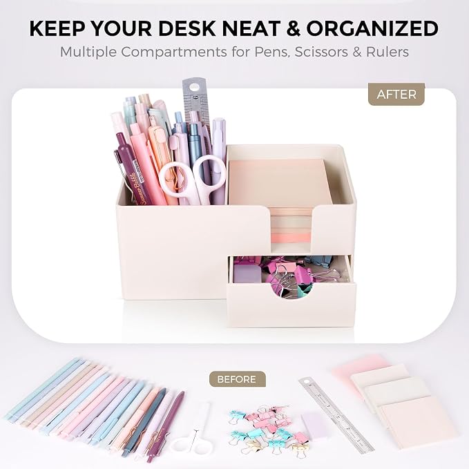 SKYDUE Small Desk Organizer with Drawer | 3 Compartments, Desk Pen Holder, For Home, School, Classroom & Office