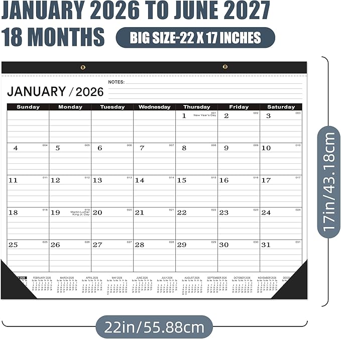 Desk Calendar 2026, Desk Calendar 2026 Large 22 x17(January 2026 - June 2027),2026 Calendar,Classic Black,Large Calendar 2026-2027 with Plastic Cover(2 PACK)
