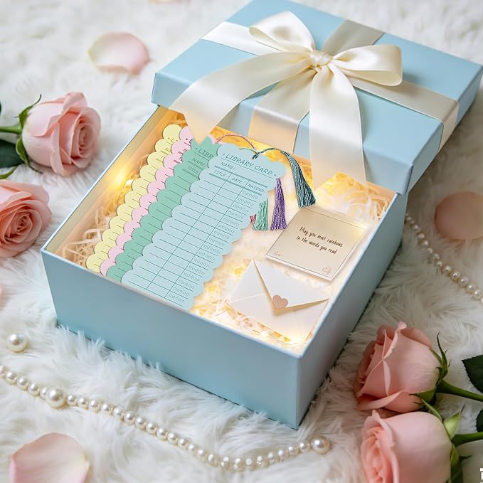 50 PCS Reading List Bookmarks Book Tracker with 50 Bookmark Tassels, 3 x 8 Inch Watercolor Library Card Reading Log Bookmark for Teachers Women Book Lovers