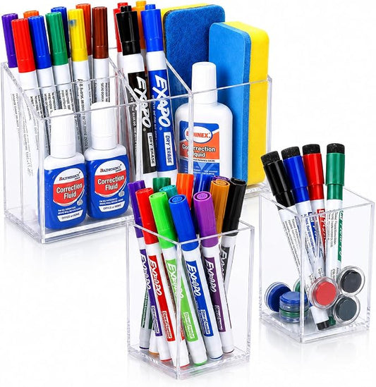 3-Piece Acrylic Pen Holder with Magnetic Sheets, Magnetic Dry Erase Marker Holder, Clear Marker Organizer Locker Organizer, Pen Organizer for Office Supplies, Makeup Brushes - No Assembly