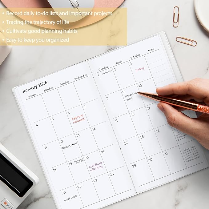 Pocket Calendar 2026-2027, Moon Phrase Purse Planner - 3.7" x 6.7" - Runs from January 2026 Until December 2027, 2026 Monthly Pocket Calendar with PVC Cover for Office