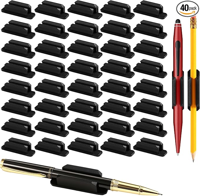 VZZNN 40 Pack Adhesive Pencil Holders for Desk - Reusable Silicone Pen Grips for Desk Organization, Wall, Clipboard, Office & Teacher Supplies with Strong Sticky Pads