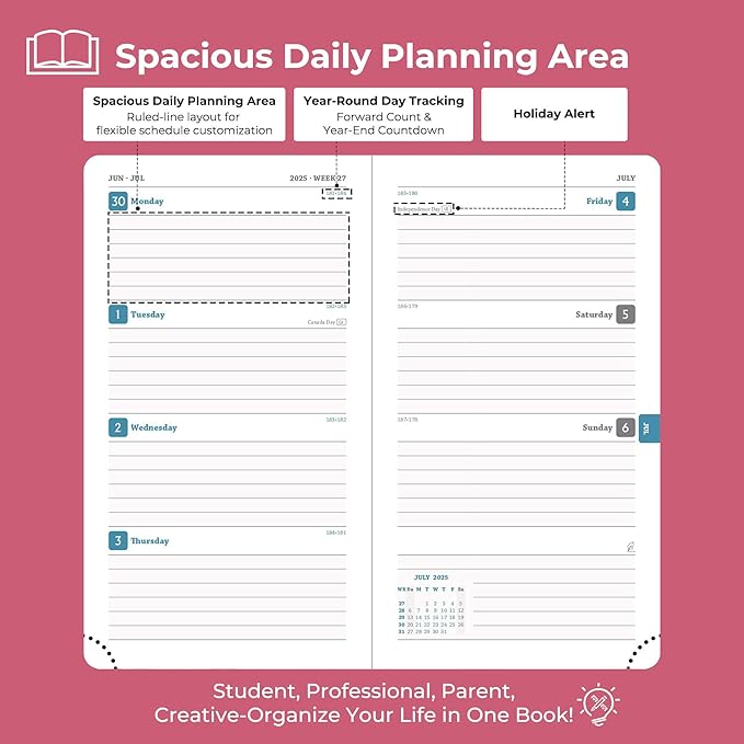 Weekly Monthly 2025-2026 Planner (July 25-Dec 26),6.5"x3.75",18 Months Agenda Plan with Month Tabs & Pocket,Expenses/Note Pages, Academic Calendar with Vegan Leather Cover,Rose Red