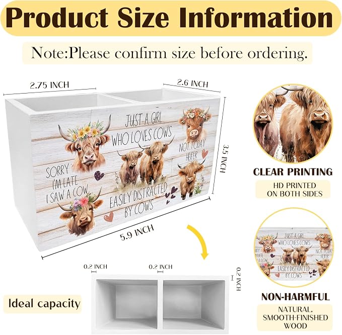 Floral Wreath Highland Cow Pen Holder for Desk, Highland Cow Lover Gifts Pencil Organizer, Farmhouse Heifer Wooden Box Sign Desk Decor for Girls Bedroom Home Office Decoration
