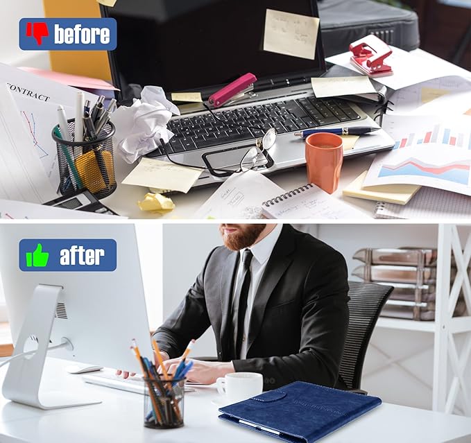 DIN A4 PU Leather Portfolio Folder Binder, Legal Pad Holder for A4 Letter Size Notepad, Magnetic Closure Business Clipboard with Cover Professional with 2 Pen for Men Women, Dark Blue