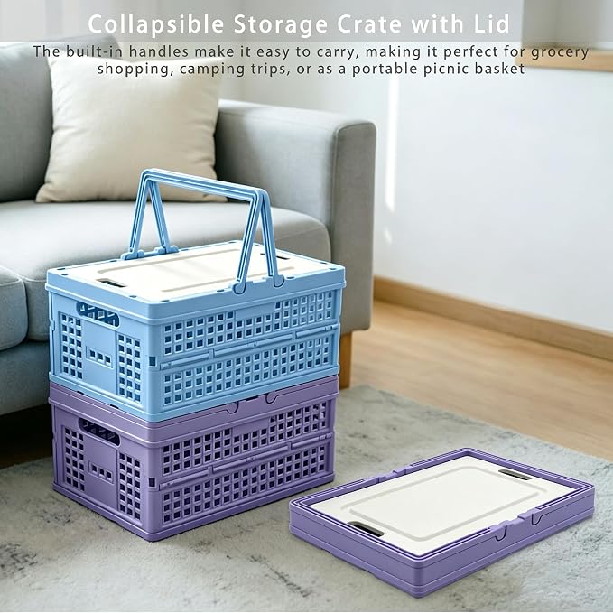 Collapsible Storage Crate with Lid, Folding Crates Bins, Stackable Plastic Storage Baskets with Handle for Home Organization, Office, Picnic, Camping, Groceries, Car Trunk(13.6x9.6x7.28 Inch, Blue)