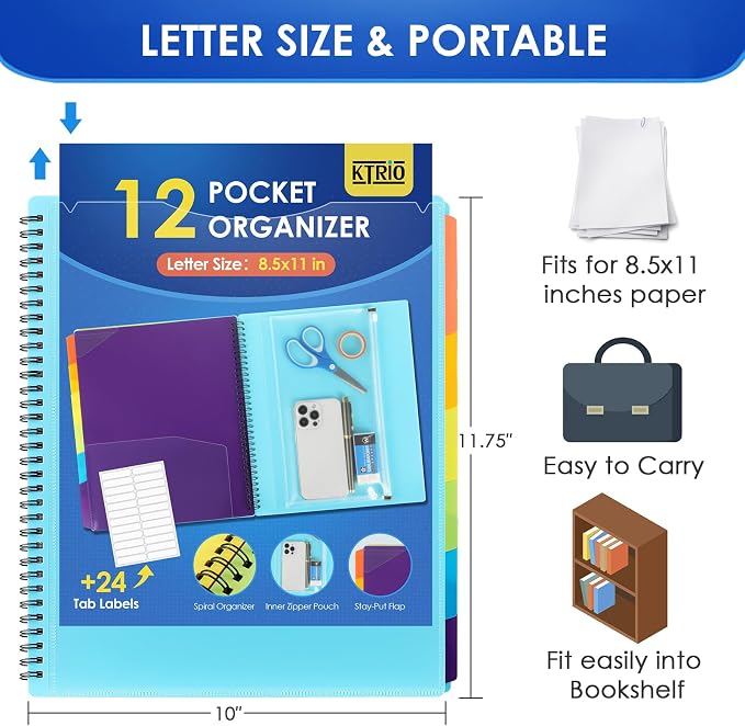 KTRIO 12 Pocket Project Organizer, Letter Size Spiral Binder,Blue | 12 Pocket Storage,Letter Size Fit,Water-Resistant Poly,Zip Pouch Included,Writable Color Tabs