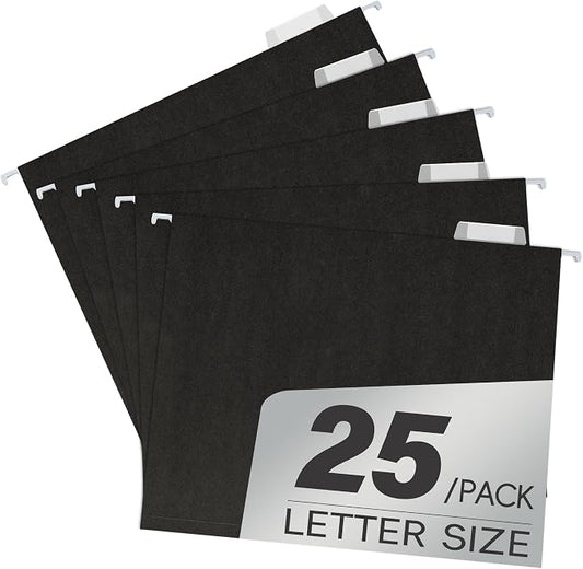 pmybupo Hanging File Folders,25 Pack Letter Size Black Hanging File Folders with 1/5-Cut Tabs,11 Point Paper Stock,Bulk for Filing Cabinet