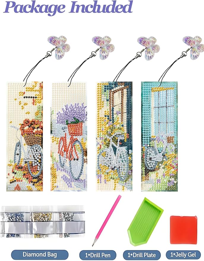 4PCS Diamond Art Bookmarks DIY Bicycles Diamond Painting Bookmarks for Adults Book Lovers Beginners DIY Crafts, Christmas New Year Graduation Birthday Gift