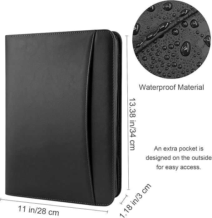 VANRA Zippered Padfolio for Men Leather Portfolio for Women Binder Organizer Interview Resume Folder for Papers Document Holder Planner Binder A4 Letter Size with Notepad, Black
