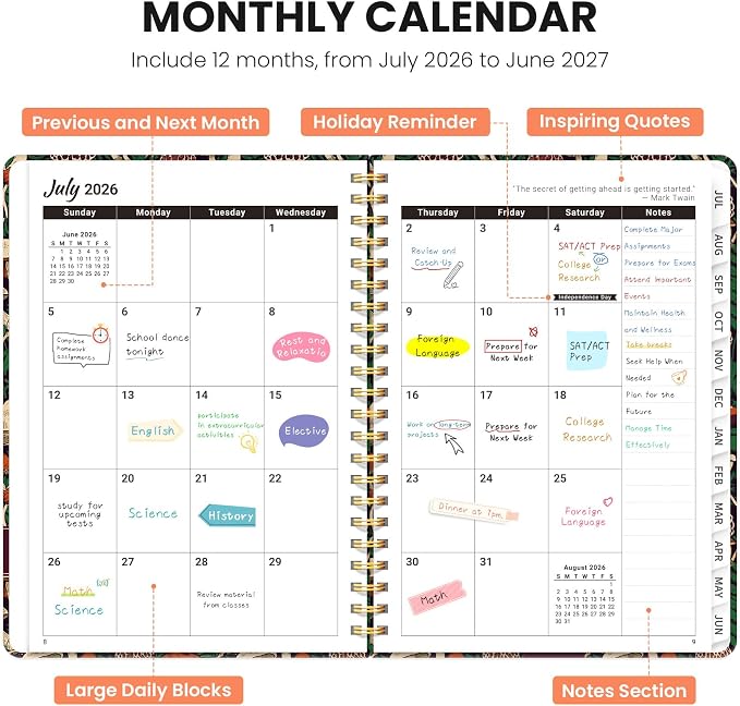 Planner 2026-2027, Monthly and Weekly Calendar Academic Planner July 2026 - June 2027, Hardcover Student Teacher Planning Agenda Book with Tabs, Perfect for Office School Supplies, A5 (6.3" x 8.5") - Autumn Fungi