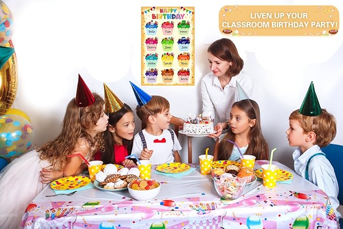 D24TIME Birthday Poster Chart for Classroom-Cupcake Birthday Calendar for Classroom Decorations Waterproof Laminated Happy Birthday Poster for Bulletin Board Decorations Back To School Supplies