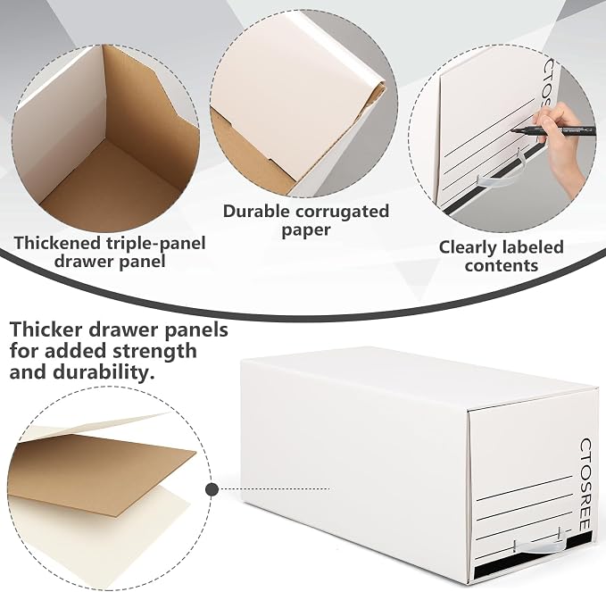 Ctosree 6pcs Economy Storage Drawer Files White Stackable Storage Drawers with Plastic Handles for Files, Letter Durable Space Saving Organizers for Office, Home