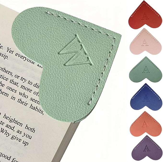 Personalized Leather Heart Bookmarks with Initials, 26 Letters Custom Corner Book Mark for Reading Women,Teacher, Student, Book Lovers Book Marker, Meaningful Gifts (Dark Blue+Light Green,W)