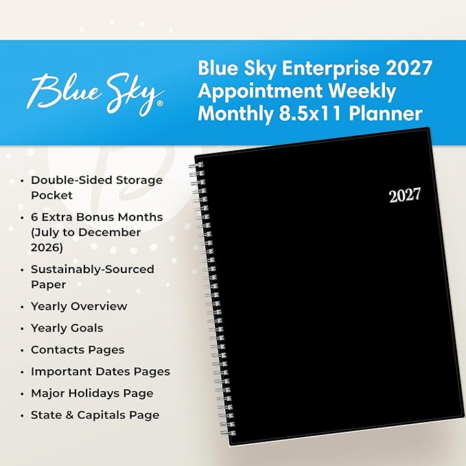 Blue Sky 2027 Weekly and Monthly Appointment Planner Calendar, January 2027 - December 2027, 8.5" x 11", With 15-Minute Blocks, Flexible Cover, Wirebound, Laminated Tabs, Storage Pocket, Enterprise