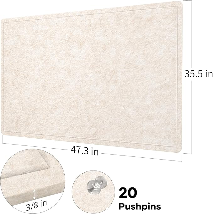 Lightomorrow Large Bulletin Board - 48 x 36 Inches, Decorative Felt Pin Board for Wall - 4' x 3' Foldable Photo Display Board with Self-Adhesive Tape, Includes 20 Push Pins - Oatmeal