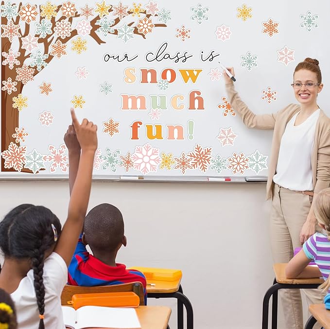 JarThenaAMCS 71Pcs Winter Bulletin Board Decorations Winter Classroom Decorations Christmas Snowflake Tree Cutouts for Xmas Holiday School Classroom Wall Door Decor Party Supplies