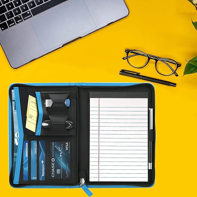 Junior Padfolio/Resume Portfolio Binder with Refillable Lined Notepad, A5 Padfolio Folder, Business Portfolio, Multi-Function Case, A5 Writing Pad Included,Blue.