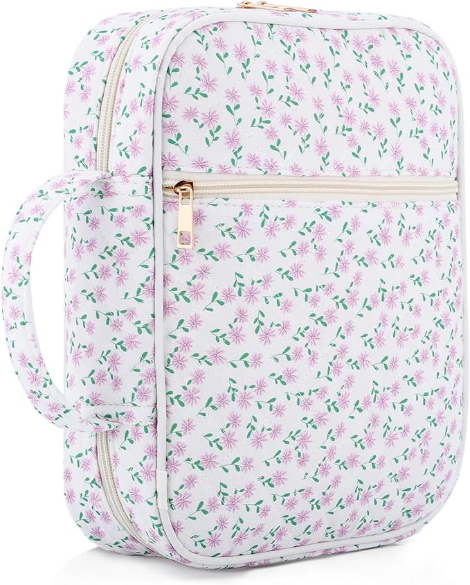 Dntorx Quilted Bible Cover Case for Women with Handle, Bible Bag with Zippered Pocket, Pink Floral Bible Case for Girls, Bible Study Supplies Kit, Large Size