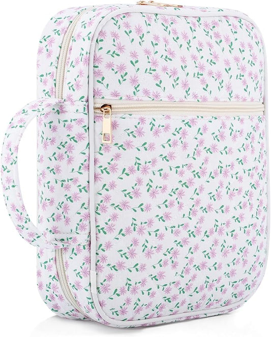 Dntorx Quilted Bible Cover Case for Women with Handle, Bible Bag with Zippered Pocket, Pink Floral Bible Case for Girls, Bible Study Supplies Kit, Large Size