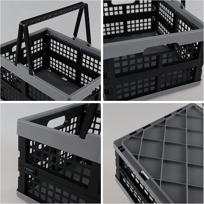 Pack of 2 Collapsible Shopping Baskets, 15 Liter Folding Plastic Crate with Handles, Moving Storage Crate Small Stackable Containers Bins, Black