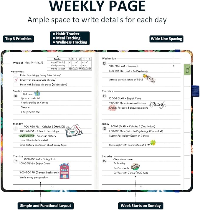 Comkiso Undated Weekly and Monthly Planner with Adhesive Tabs, A5 Dateless Academic Planner for Women & Men Daily Planning, Hardcover Leather All In One Planner for Home School Work Organizer (Bloom)