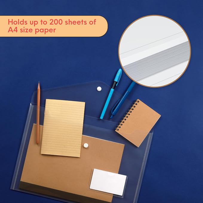 FLEXOFFICE 10 Pack Clear Plastic Envelopes with Snap Closure & Label Pocket, Reusable Poly Envelopes Waterproof for A4, US Letter Size, Important Document