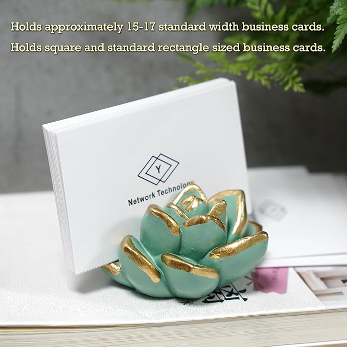 Resin Succulent Business Card Holder Set of 3 - White, Pink, Green - Modern Desk Organizer and Display Stand for Office, Store - Vertical Name Card Holders - Unique Gift and Decor