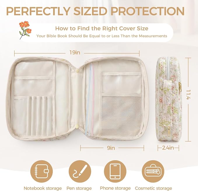 Bible Cover Case Durable Handle Quilted Bible Carrying Case for Girls Bible Study Supplies Accessories (Spliced Flower)