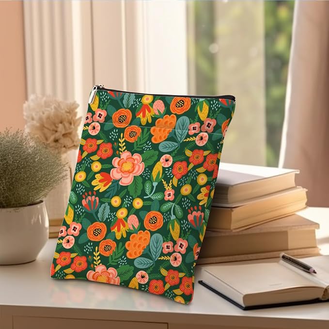 jeilink Book Sleeve Book Protector Book Pouch Book Lovers Gifts Bookish Gifts Book Cover with Zipper for Hardcover Paperback Washable Book Floral Printed Gift Bag for Women Aunt Birthday, BookCover
