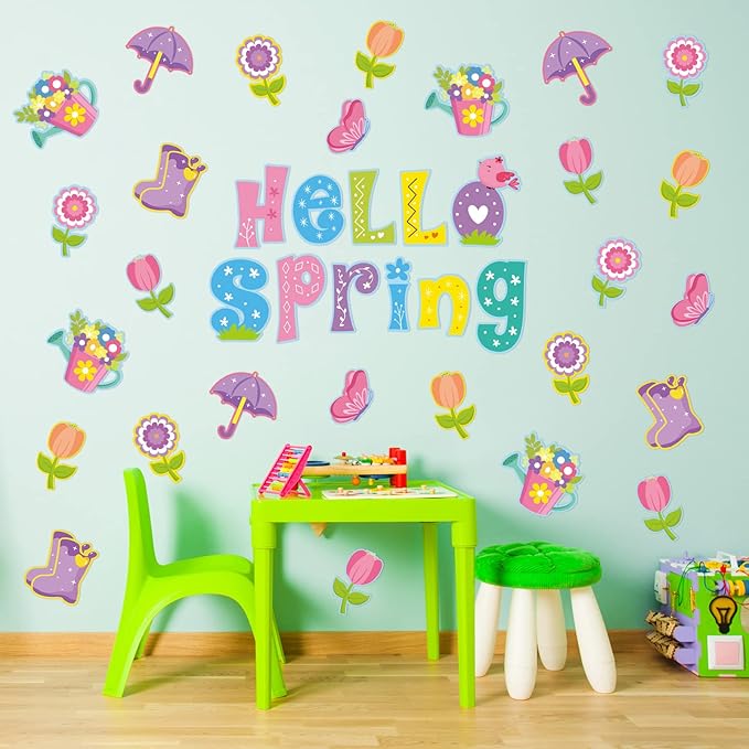Hello Spring Flower Cut Outs for Spring Bulletin Board Decorations for Classroom with 100Pcs Glue Points,Spring Floral Classroom Decorations for Kindergarten School Spring Party Supplies (46Pcs)