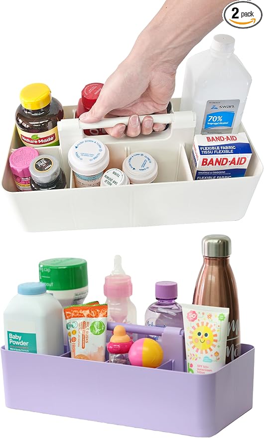 Portable Caddy Organizer -2 Stackable Plastic Caddy with Handle | Desk, Makeup, Dorm Caddy, Classroom Art Organizers (Made In Usa) (Ivory/Lavender)