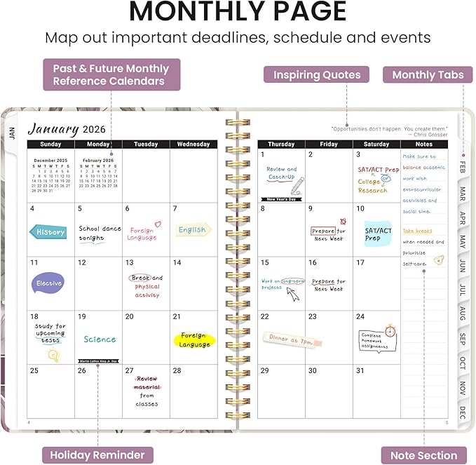2026 Planner, Weekly and Monthly Calendar Planner for Women, Jan 2026 - Dec 2026, Hardcover Planning Agenda book with Tabs, Spiral Bound, Inner Pocket, Perfect for School Office Supplies, 6.3" x 8.5" - Soft Peony