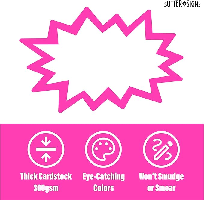 Starburst Signs with Stickers 100pcs | Price Tags for Garage, Estate, Yard Sales. 50pcs Sign Cards & 50pcs Sticker Dots. Neon 3x5 inch